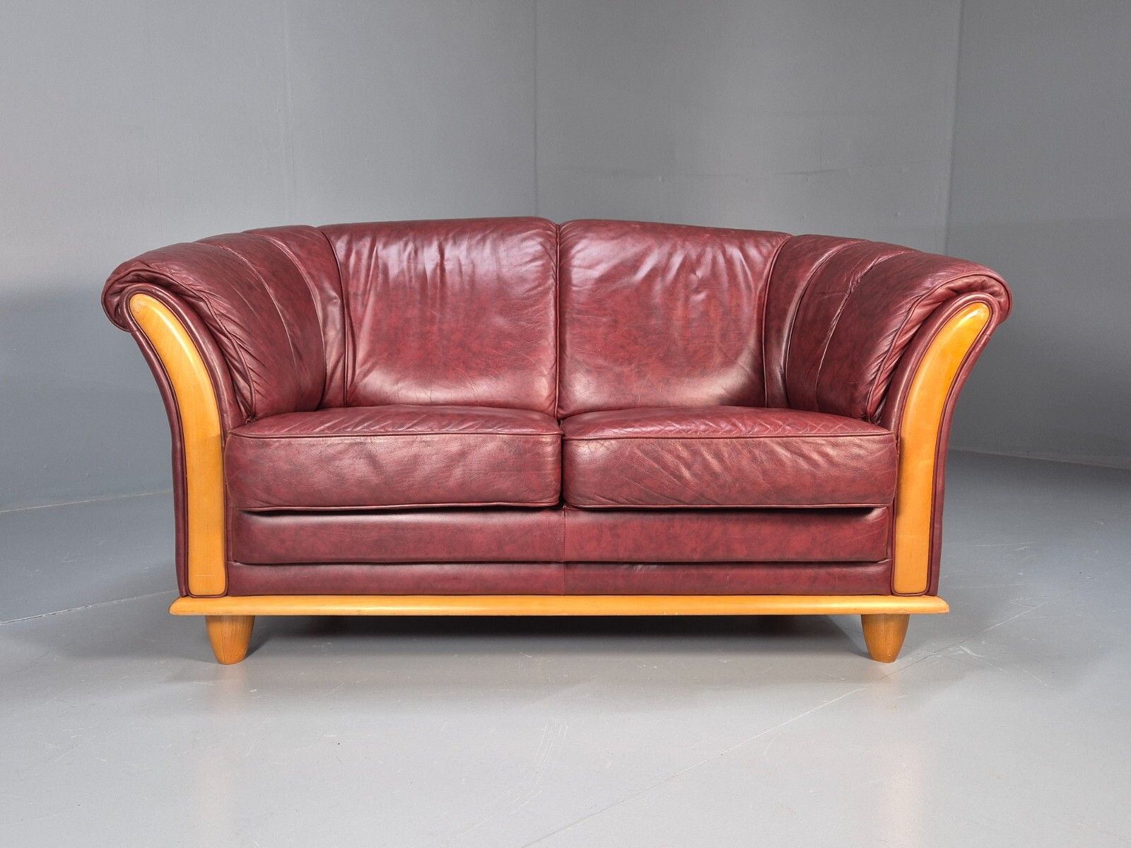 Vintage Danish 2 Seat Sofa Red Leather Wood Trim 1990s Retro Eb8567 M2ss photo 350.0