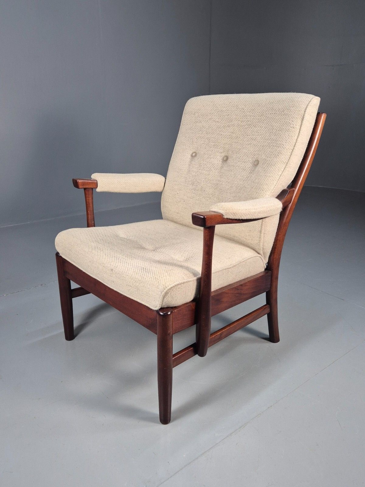 Vintage Danish Lounge Chair Beige Wool Wood Frame 1970s Retro  Eb8539 Mnor