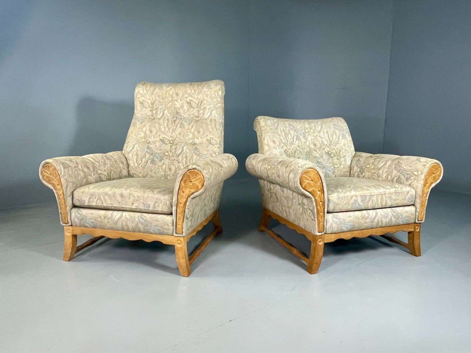 2 Danish Lounge Chairs Kjaernulf Oak Floral Cotton Vintage Retro Eb6749 Mnor