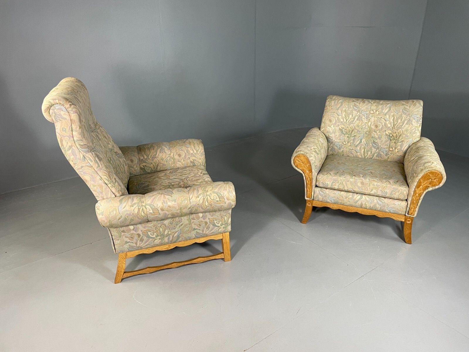 photo buy 2 Danish Lounge Chairs Kjaernulf Oak Floral Cotton Vintage Retro Eb6749 Mnor
