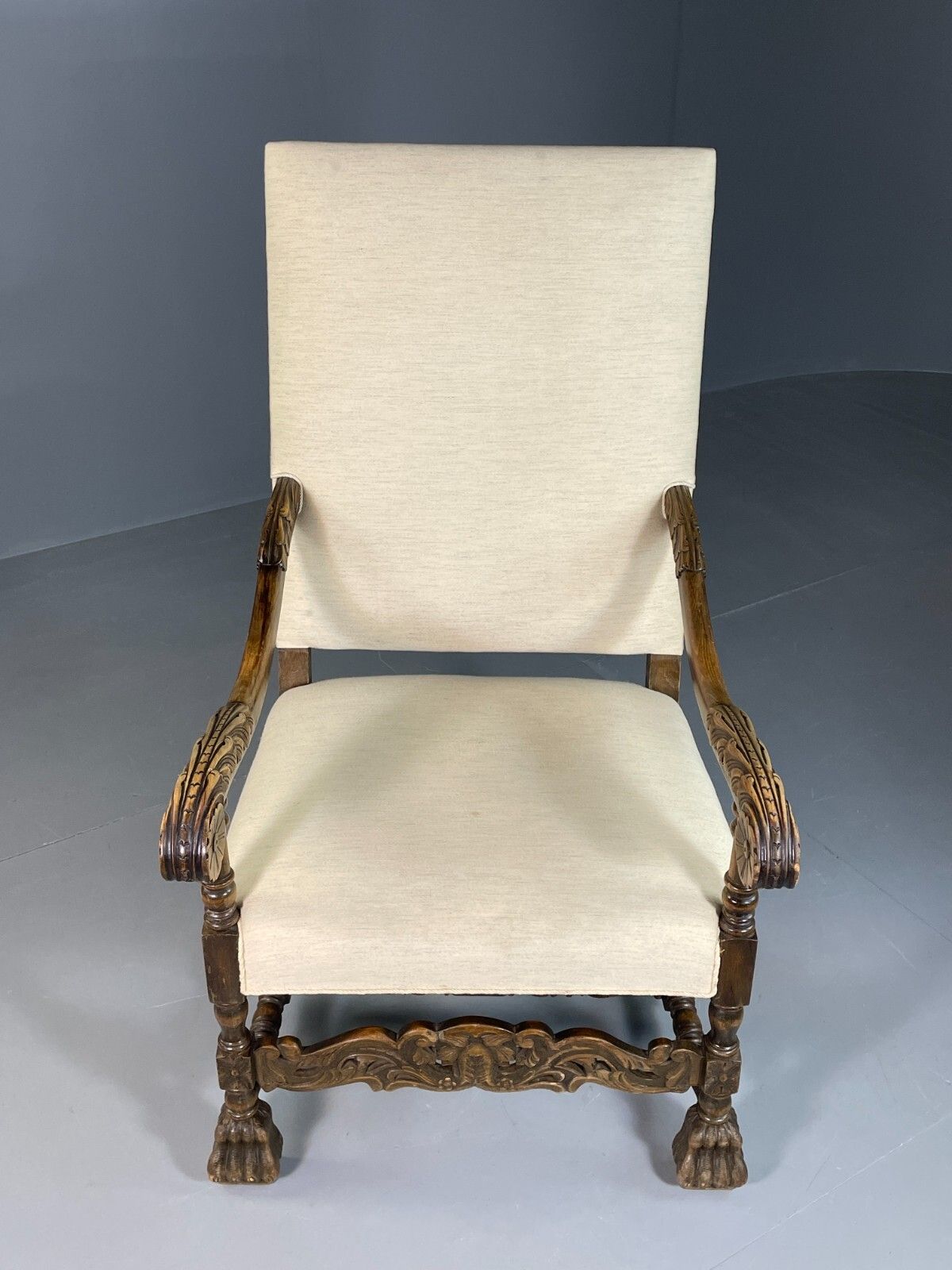 Vintage Danish Lounge Chair Cream Cotton Oak Frame Antique Style Eb6917 Vnor photo for sale