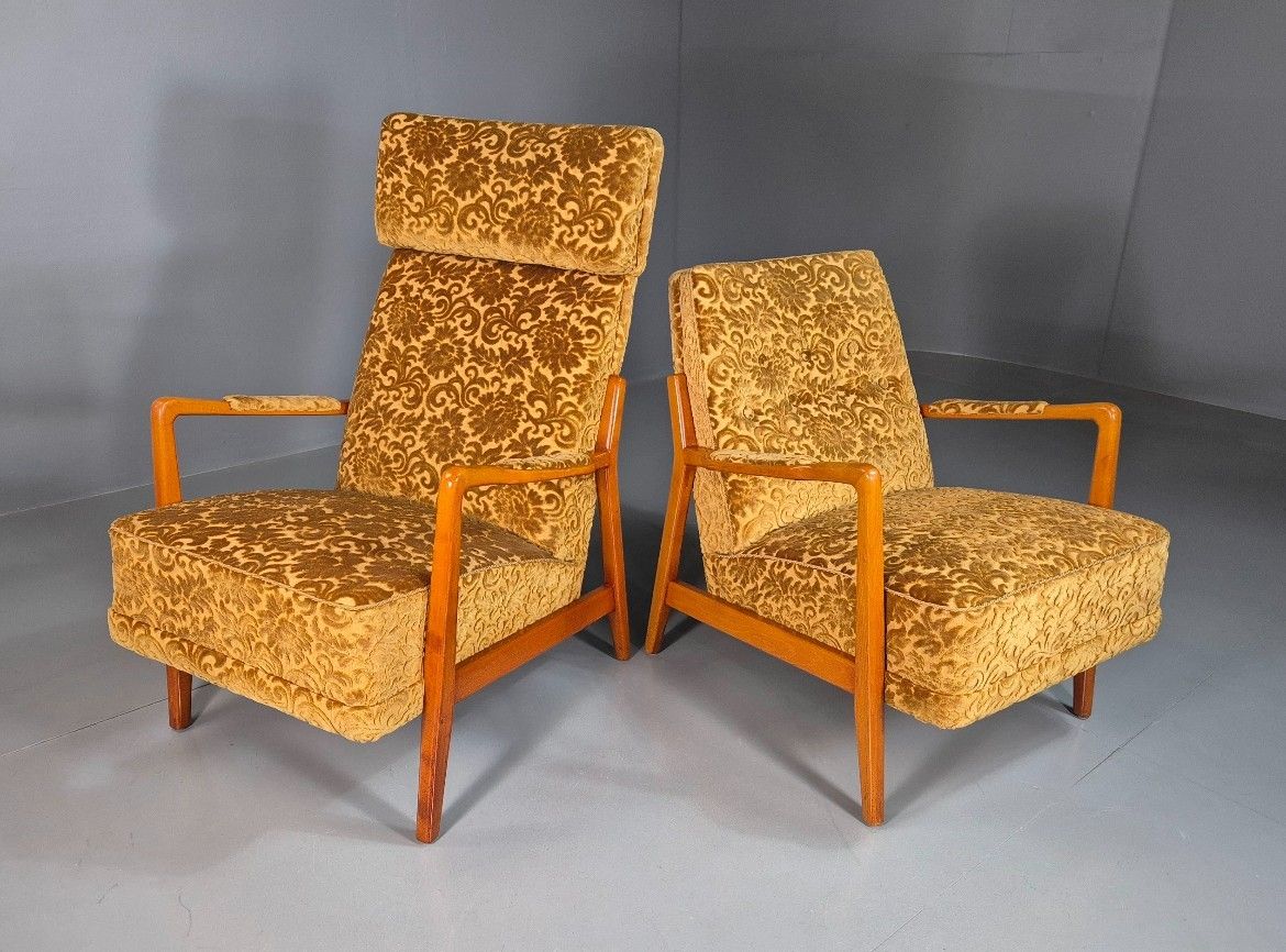 2 Swedish Lounge Chairs Gold Floral Moquette Beech Vintage 1960s Mcm Eb7031 Mnor