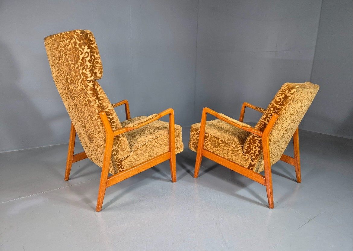 photo for sale 2 Swedish Lounge Chairs Gold Floral Moquette Beech Vintage 1960s Mcm Eb7031 Mnor