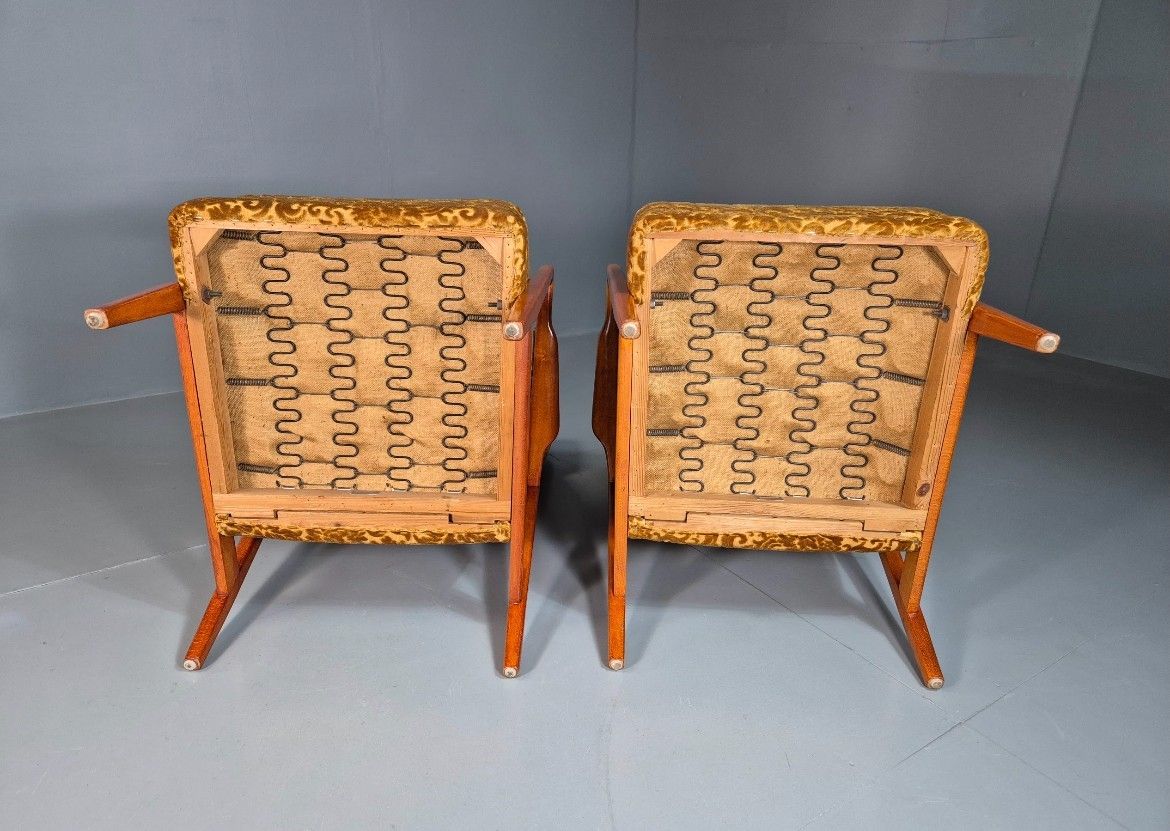 700.0 2 Swedish Lounge Chairs Gold Floral Moquette Beech Vintage 1960s Mcm Eb7031 Mnor photo