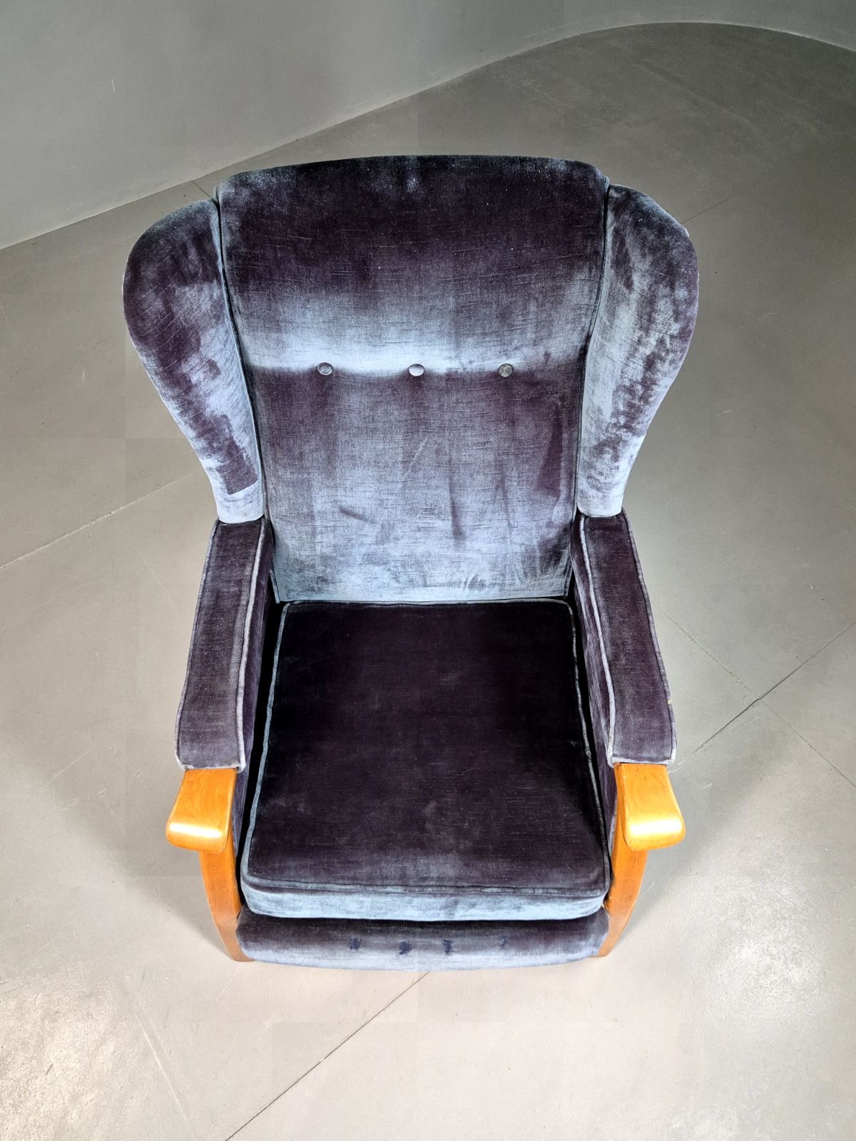 Vintage Lounge Wingback Chair Blue Velour Beech Frame 1950 Retro Mcm Eb7108 Vclo photo for sale