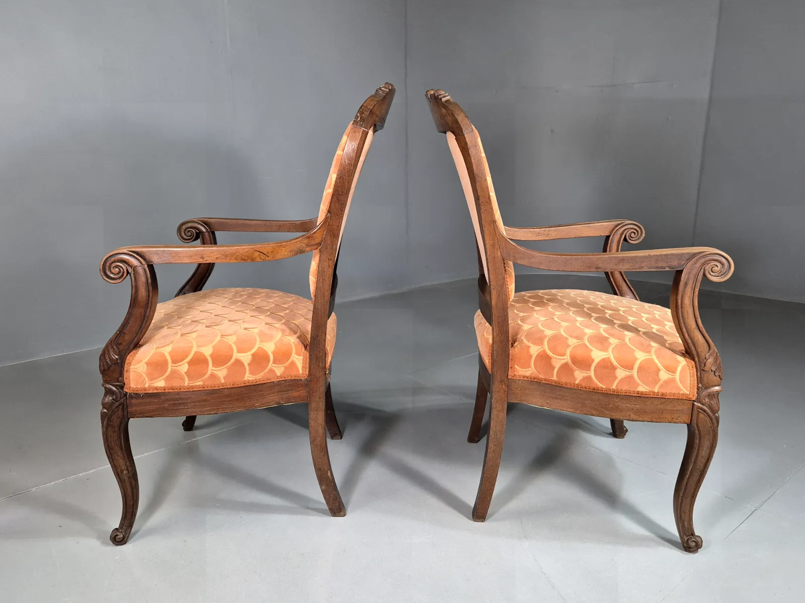 Vintage Fautueil Chairs Orange Upholstery Mahogany Antique  Eb7380 Vclo photo buy