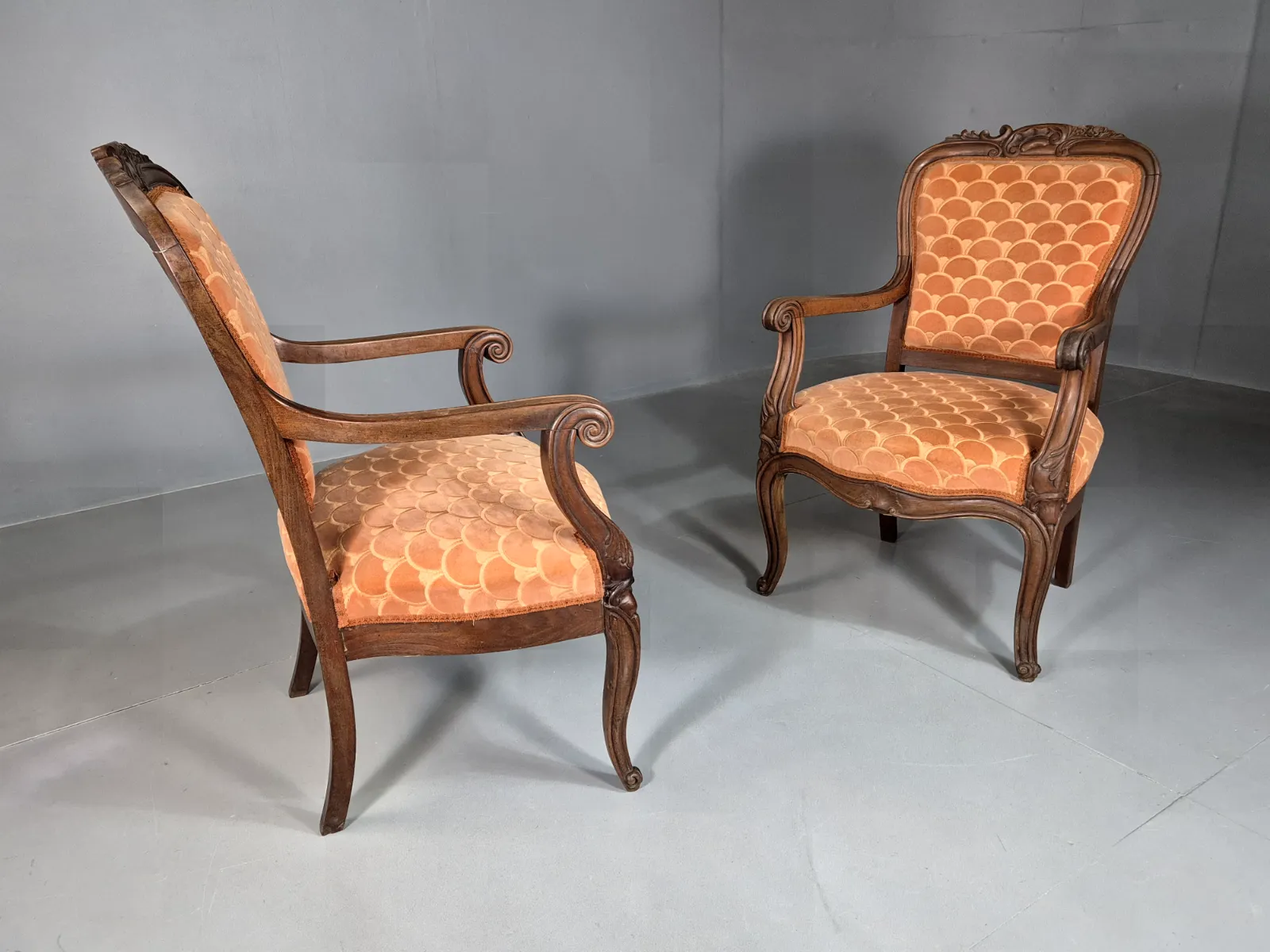 325.0 Vintage Fautueil Chairs Orange Upholstery Mahogany Antique  Eb7380 Vclo photo