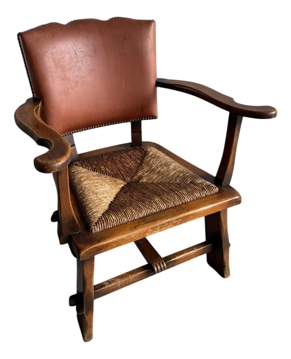 Brutalist Armchair With Wicker Seat And Leather Back