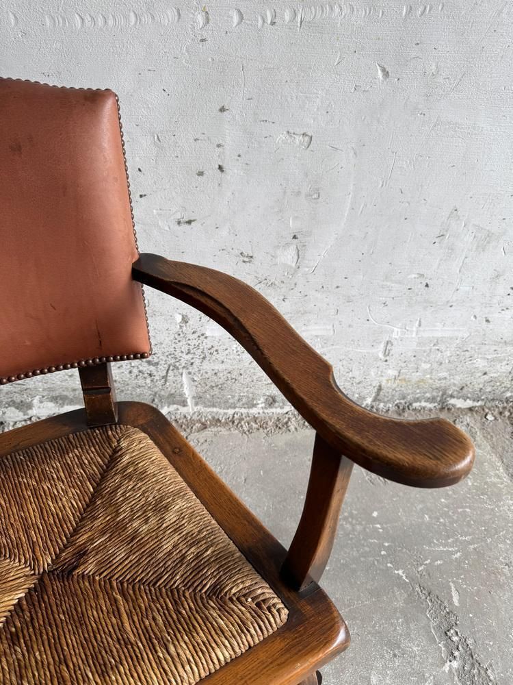 Brutalist Armchair With Wicker Seat And Leather Back photo furniture
