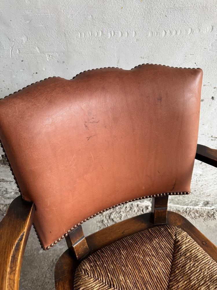 Brutalist Armchair With Wicker Seat And Leather Back photo for sale
