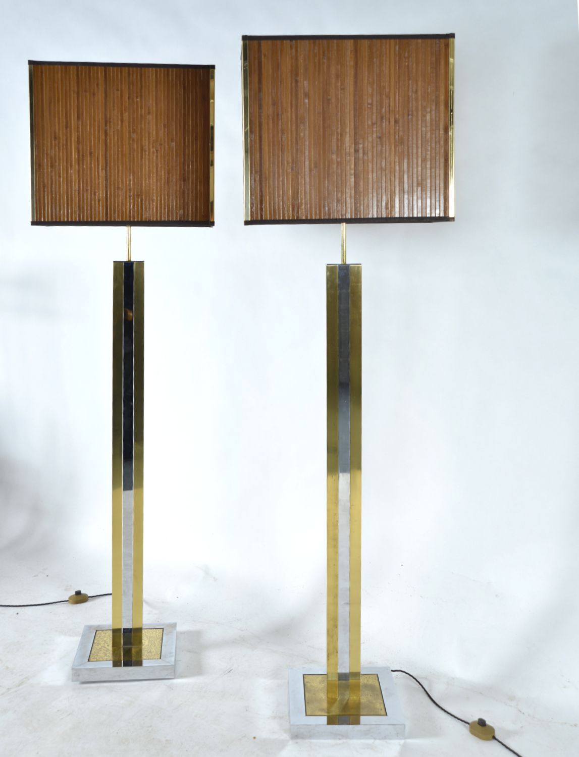 1970s Large Pair Italian Chrome Brass Bamboo Standard Floor Lamps Hollywood Regency photo furniture