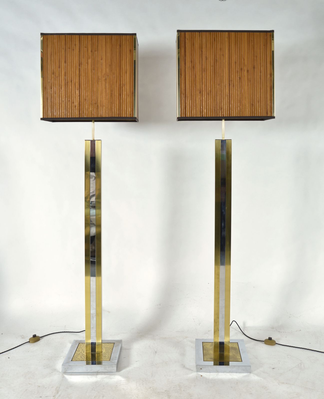1970s Large Pair Italian Chrome Brass Bamboo Standard Floor Lamps Hollywood Regency photo for sale