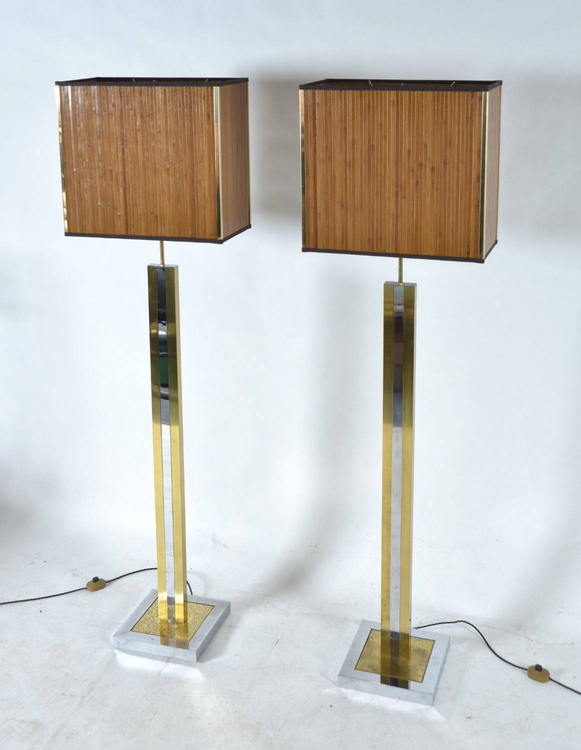 photo furniture 1970s Large Pair Italian Chrome Brass Bamboo Standard Floor Lamps Hollywood Regency