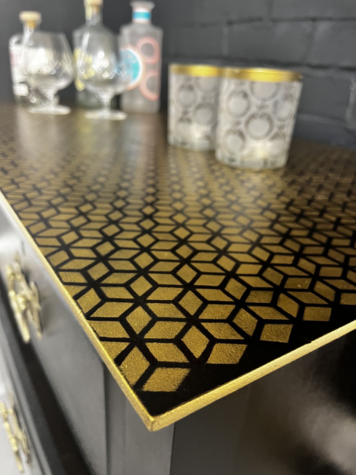 Black & Gold, Geometric Stencilled Upcycled, Painted Dresser – Striking Modern Glamour With Hand Finished Detail photo Furniture