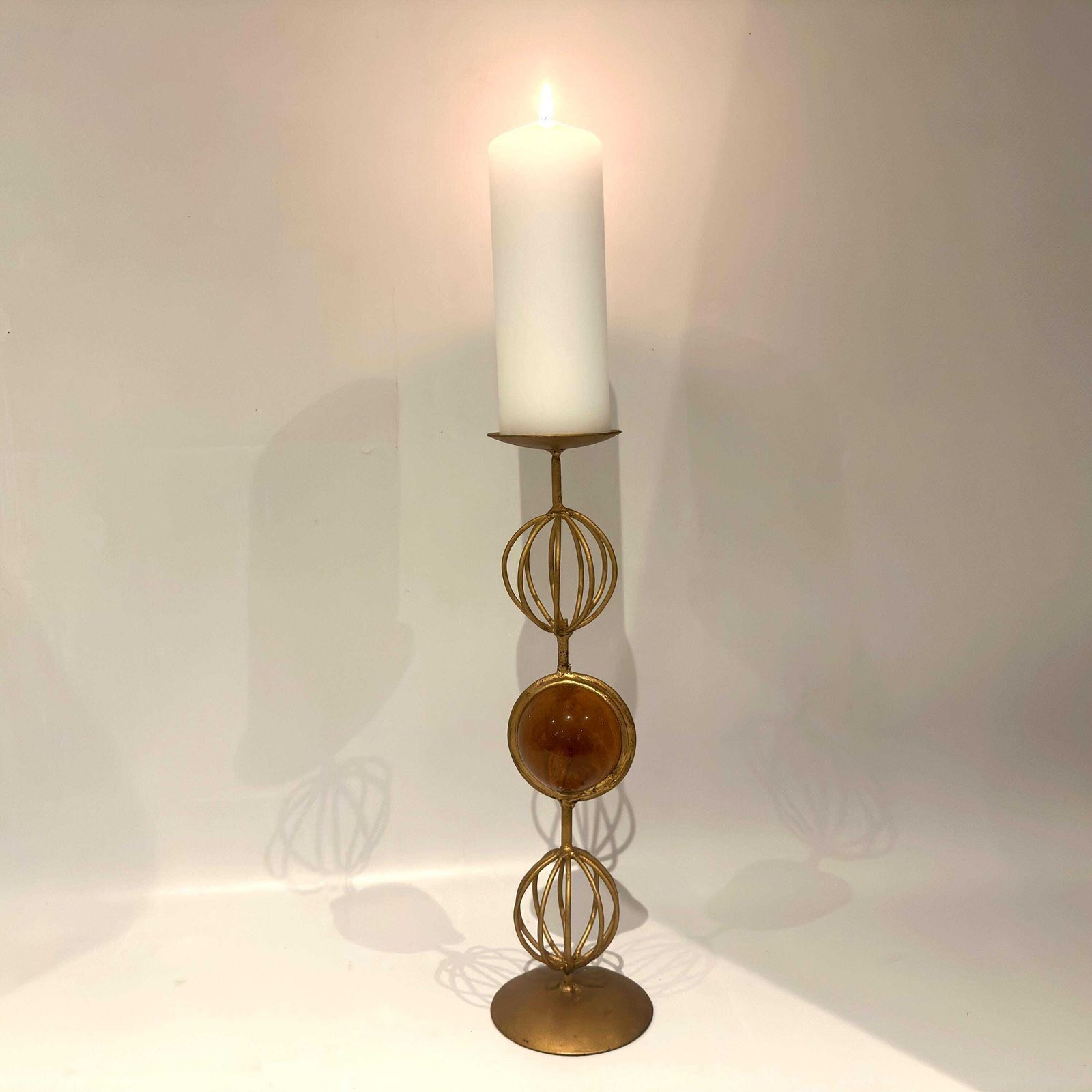 Mid Century Scandinavian Sculptural Candleholder – Amber Glass & Gilded Metal, 37 Cm photo buy
