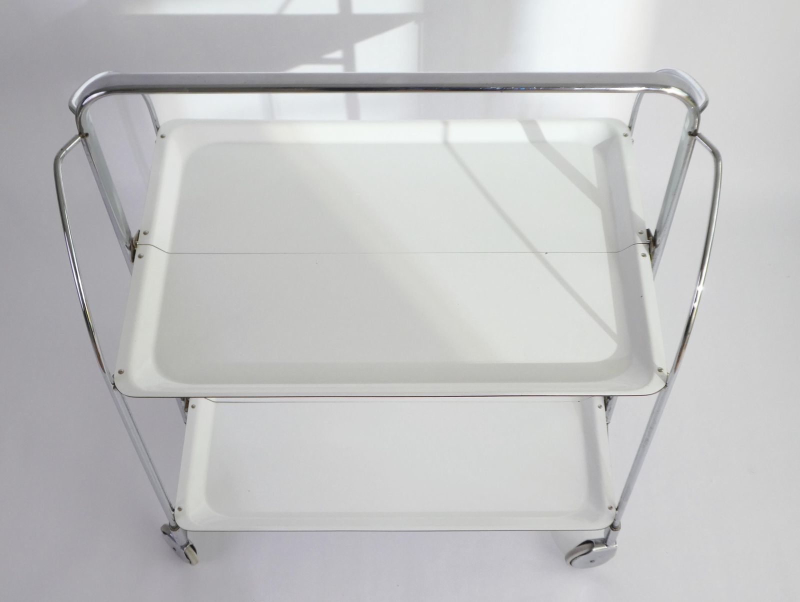 Mid Century White Foldable Bar Cart, 60’s Dinett Serving Trolley With Chrome Metal Design, Tea Cart photo for sale