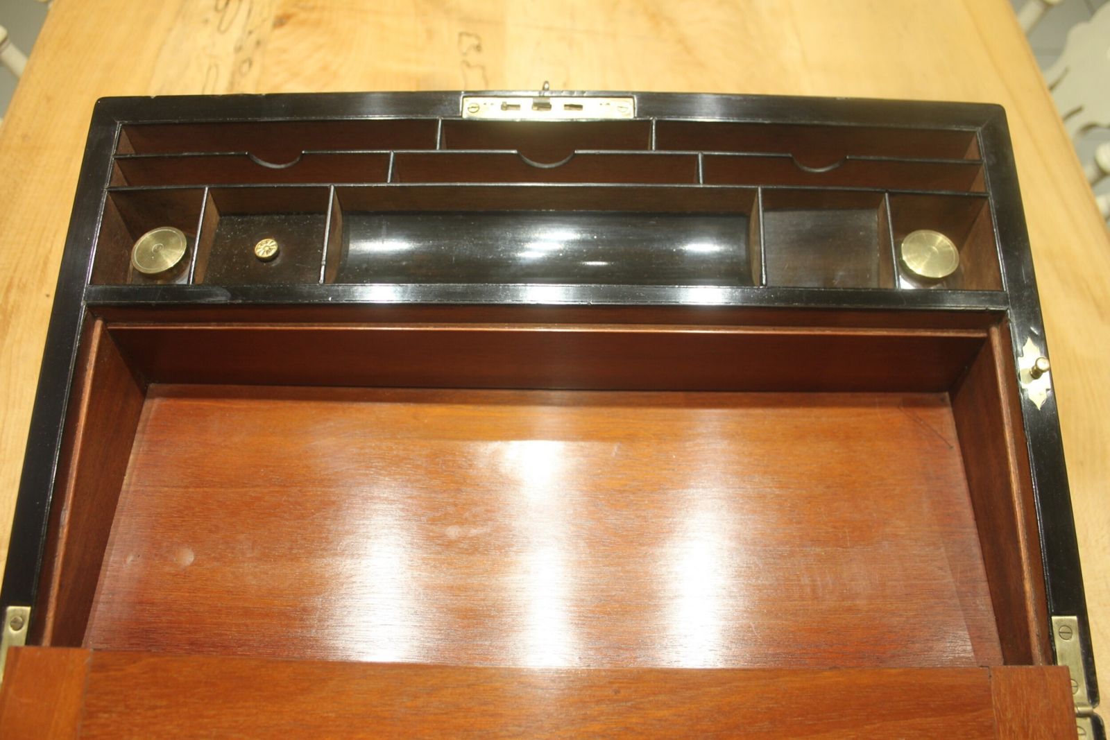 photo for sale A Large And Impressive Figured Walnut And Brass Bound Writing Slope With Secret Drawers