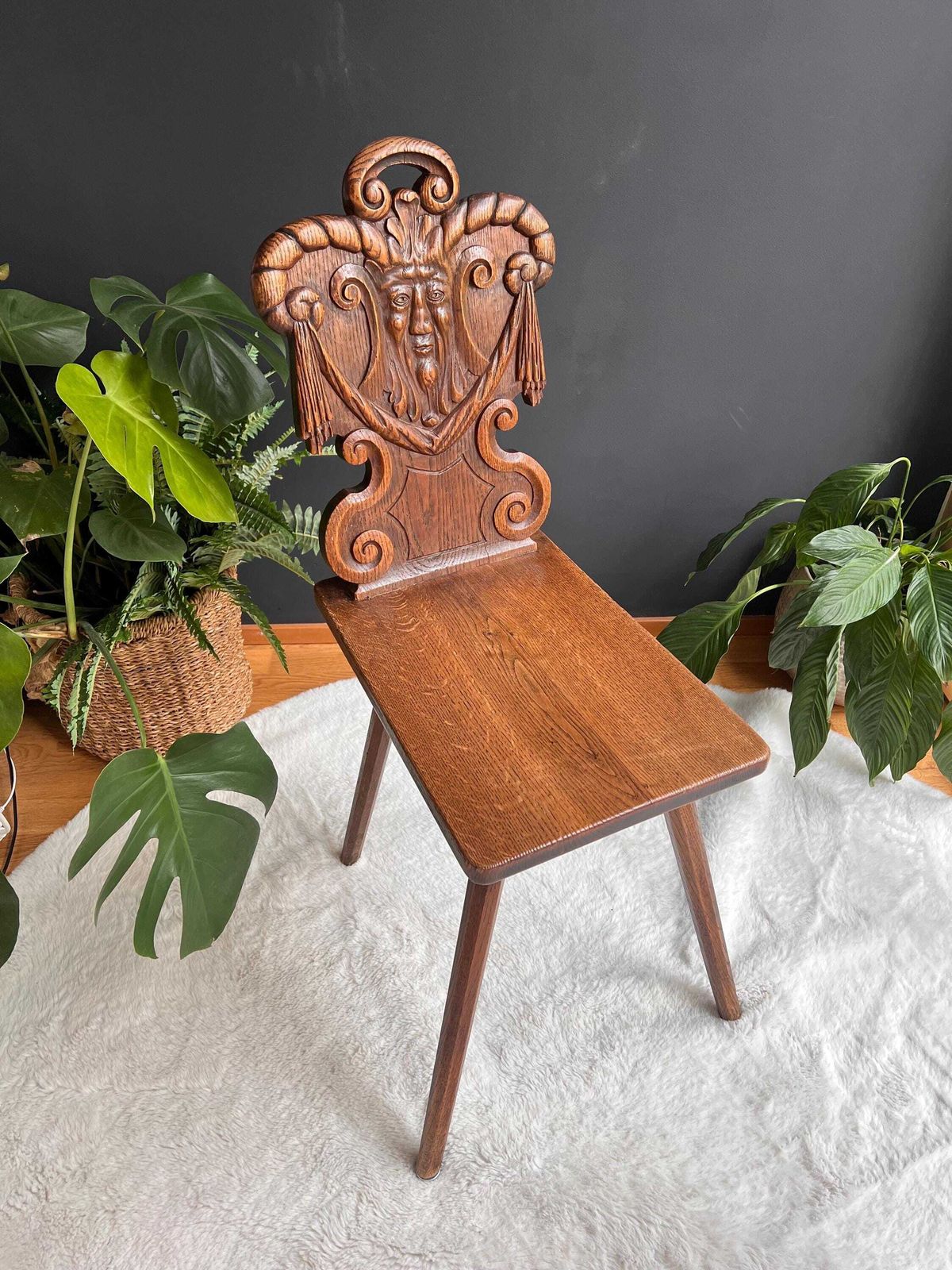 Antique Alpine Folk Art Chair With Whimsical Carving, Brutalist Escabelle Wooden Chair