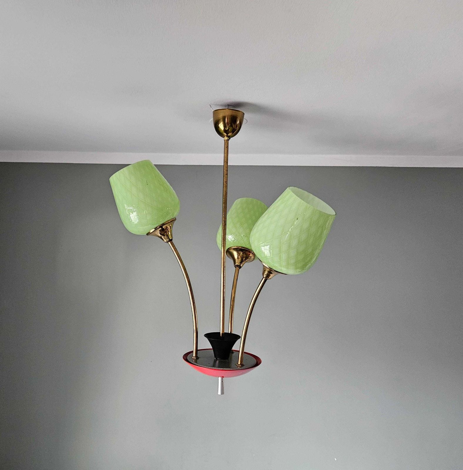 Mid Century Chandelier | Green Opaline Glass & Red Metal Pendant Light | 1960s European Design photo furniture