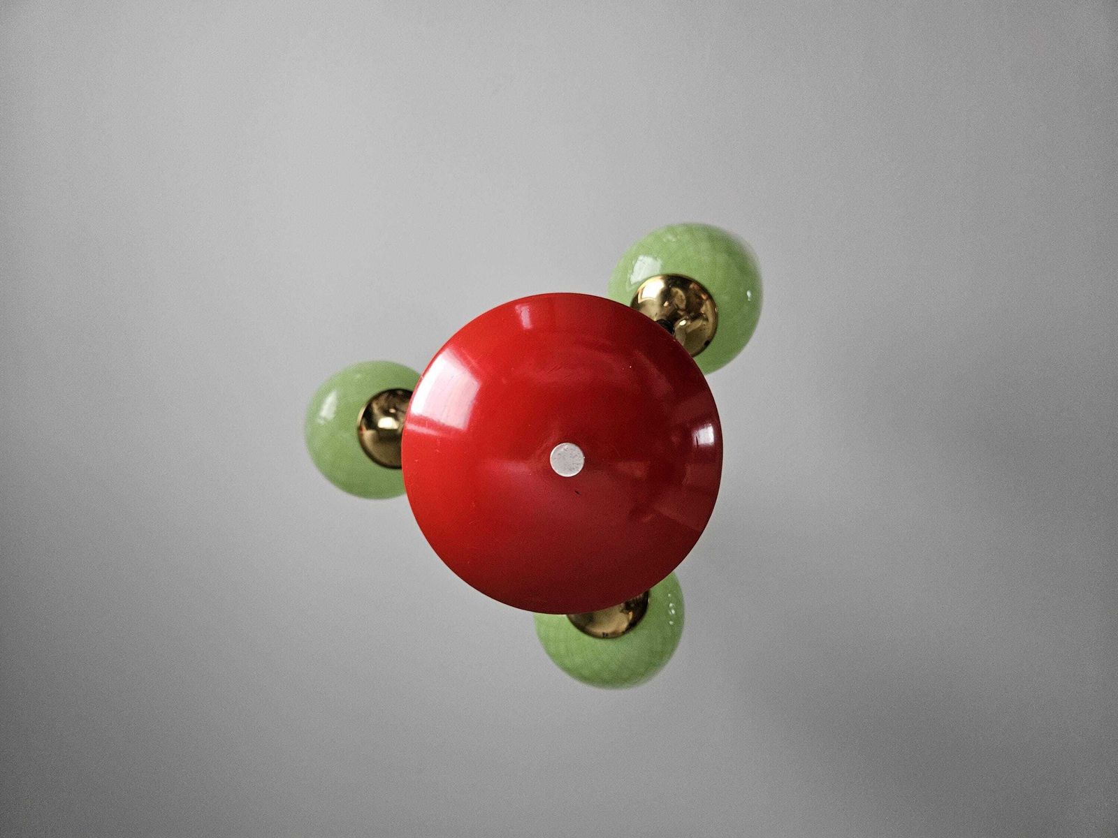 Mid Century Chandelier | Green Opaline Glass & Red Metal Pendant Light | 1960s European Design photo for sale