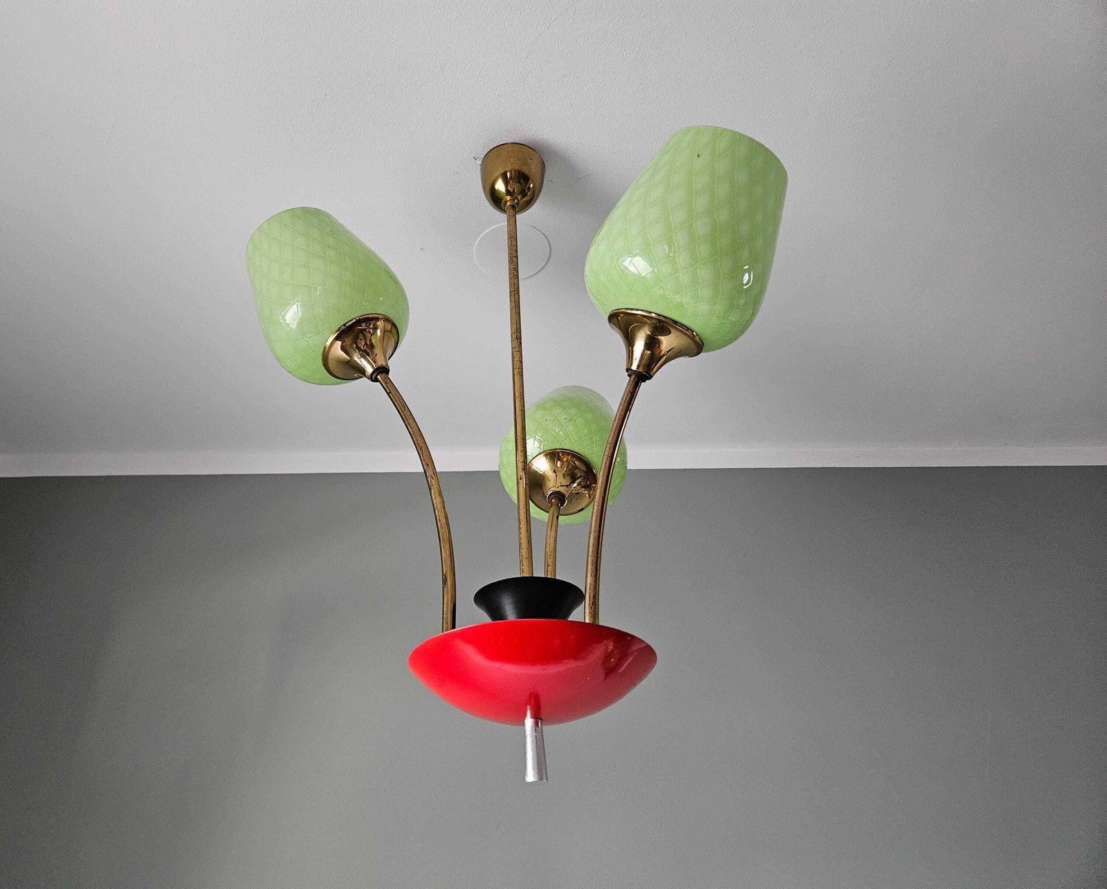Mid Century Chandelier | Green Opaline Glass & Red Metal Pendant Light | 1960s European Design photo Lighting