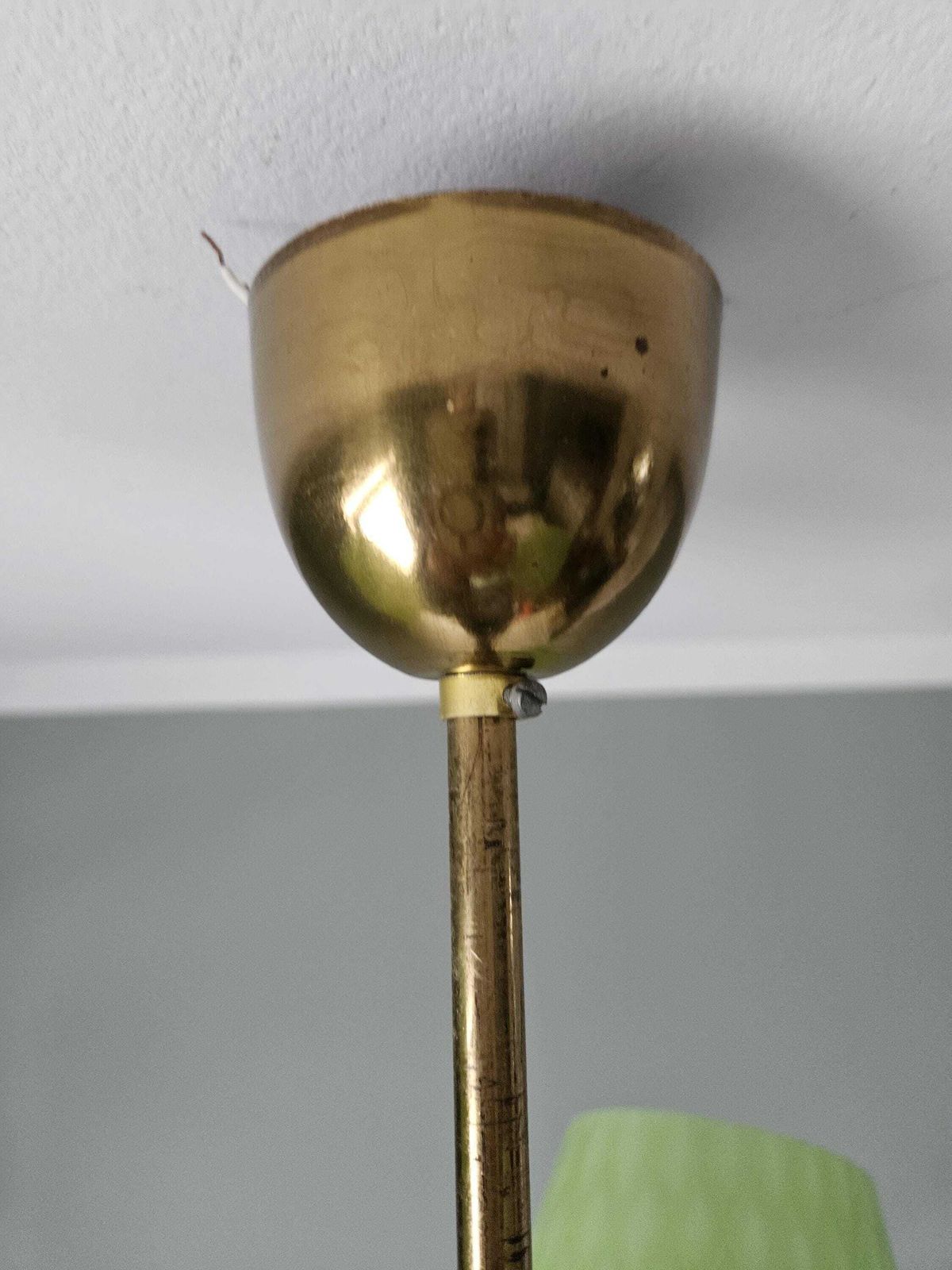 photo for sale Mid Century Chandelier | Green Opaline Glass & Red Metal Pendant Light | 1960s European Design