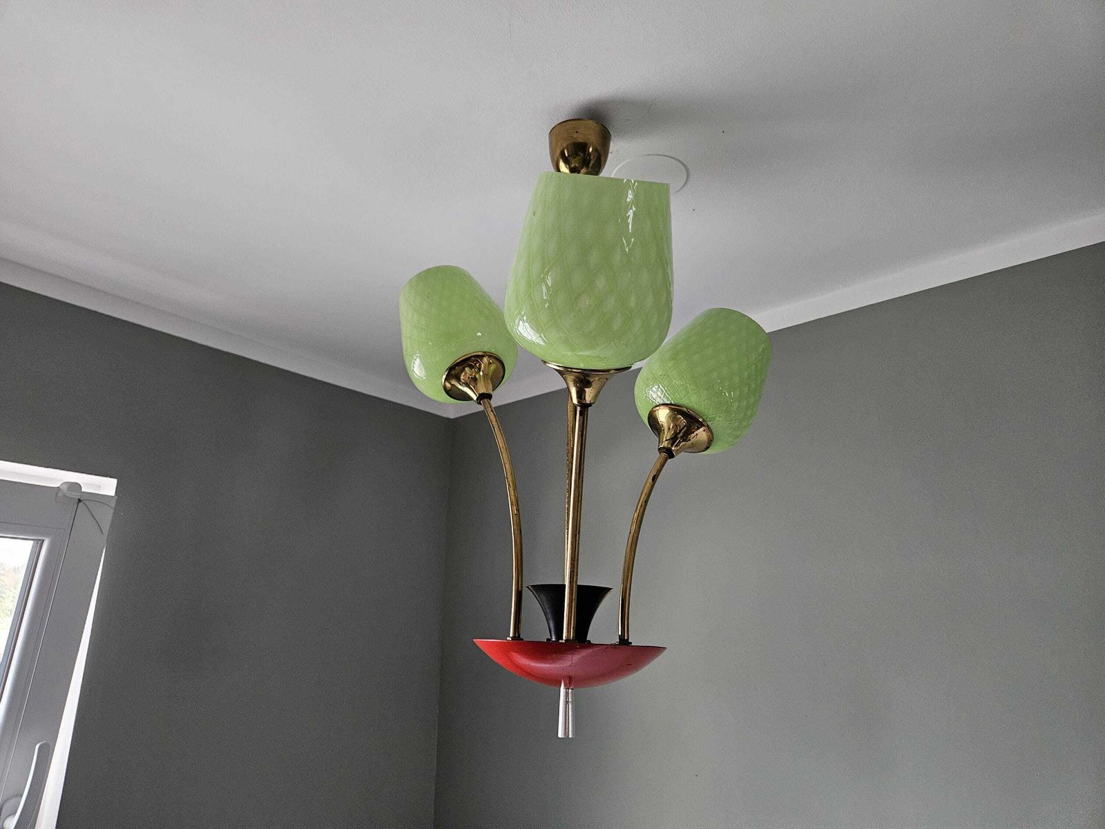 photo buy Mid Century Chandelier | Green Opaline Glass & Red Metal Pendant Light | 1960s European Design