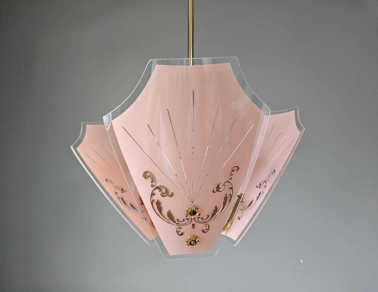 Vintage Pink & Gold Glass Chandelier | Mid Century Pendant Light | Hollywood Regency Style photo for sale