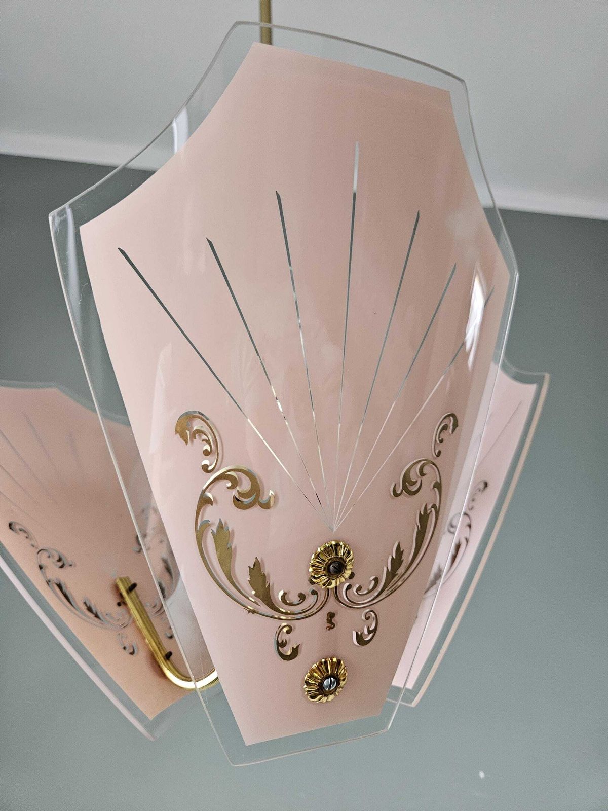 Vintage Pink & Gold Glass Chandelier | Mid Century Pendant Light | Hollywood Regency Style photo 199.0