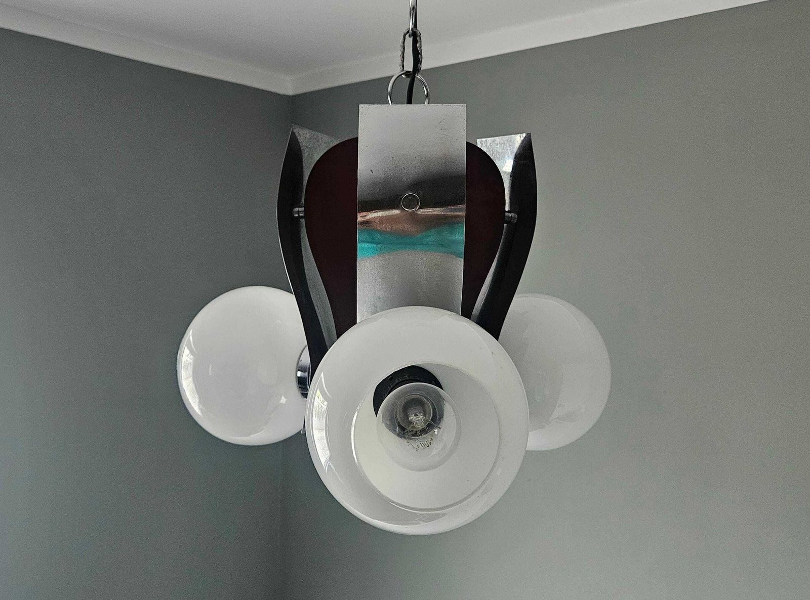 Vintage Chandelier / Chrom Wood And Glass Light Fixture / Mid Century Modern Lighting
