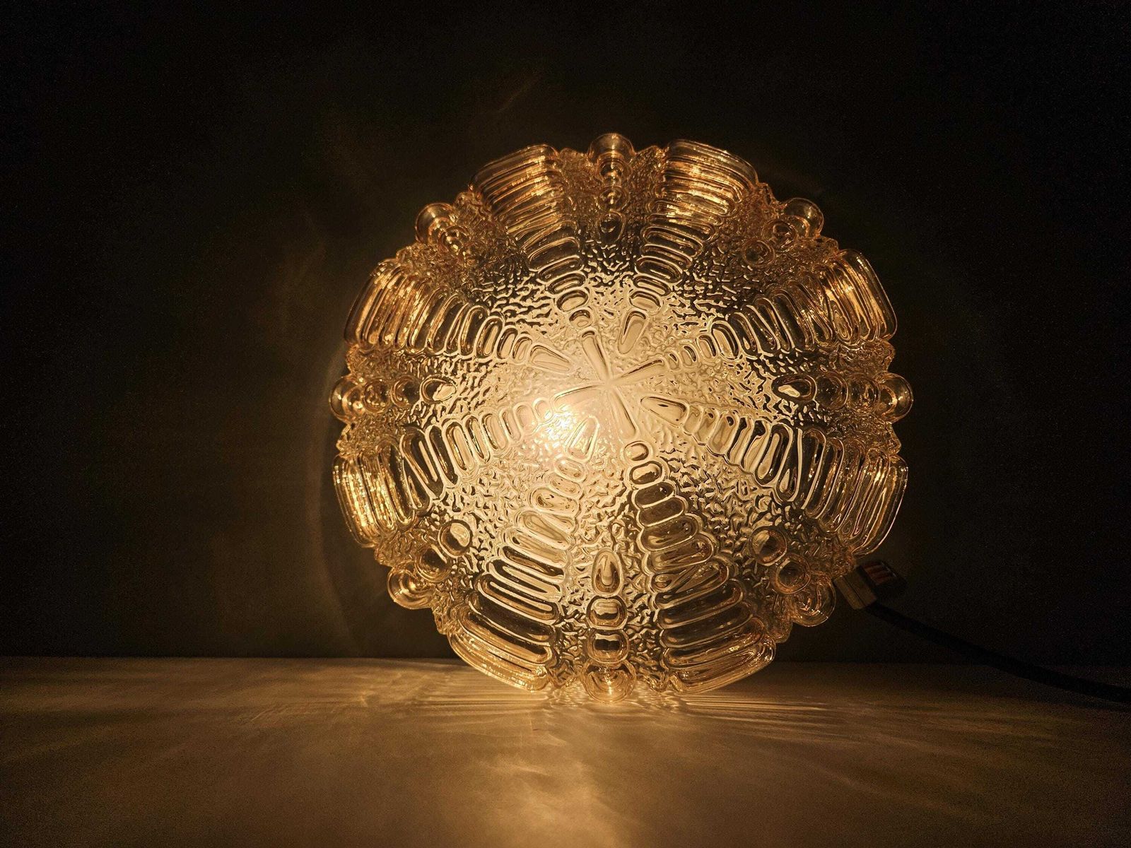 1 Of 2/ Vintage Textured Glass Flush Mount / Mid Century Amber Wall Or Ceiling Light / 1970s Retro Lamp photo vinterior