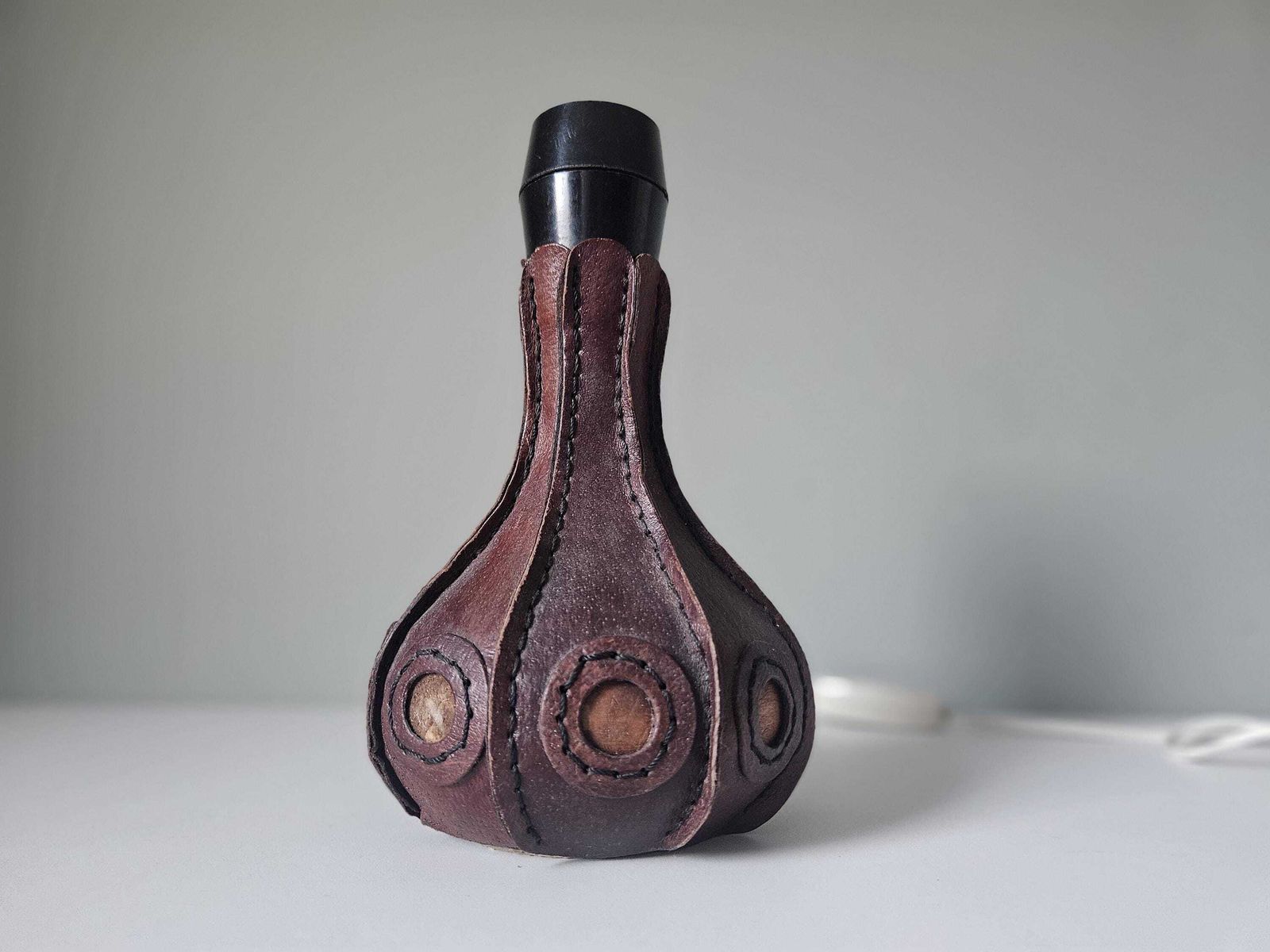 Hand Stitched Leather Table Lamp Base: Mid Century Modern Boho Decor photo vinterior