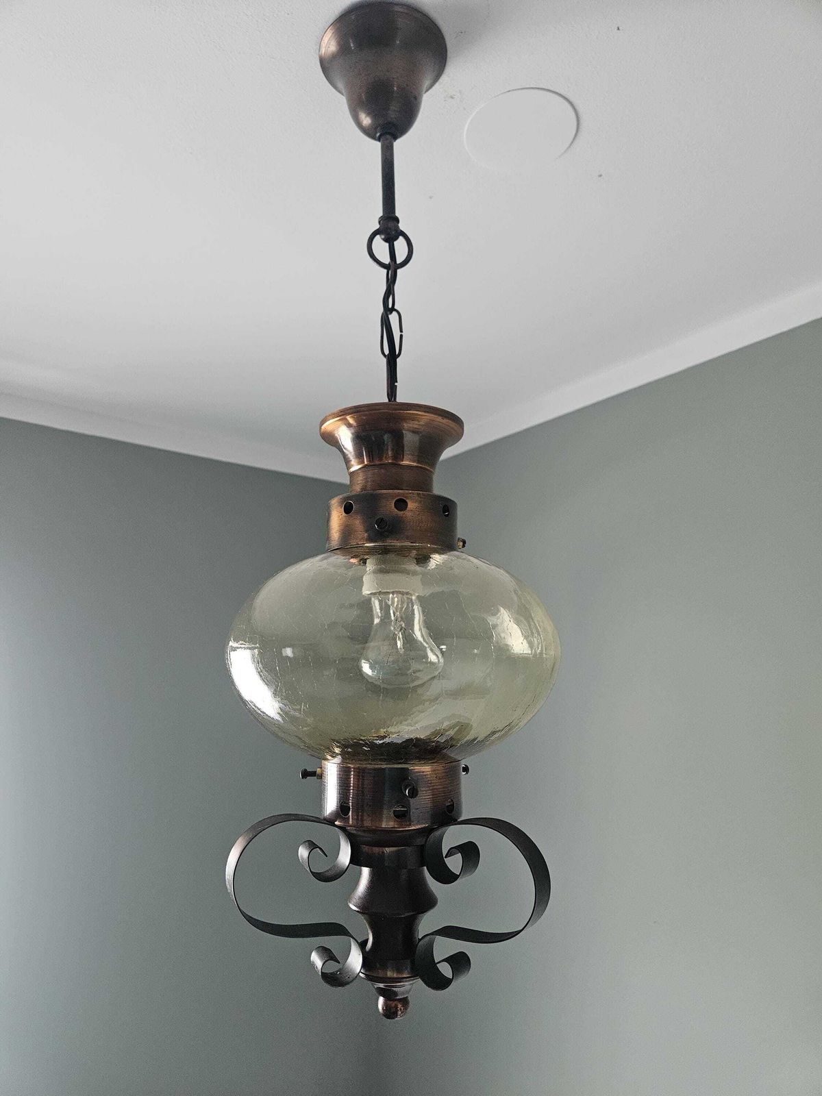 Vintage Copper Pendant Light: Amber Glass Globe, Wrought Iron Lantern photo furniture