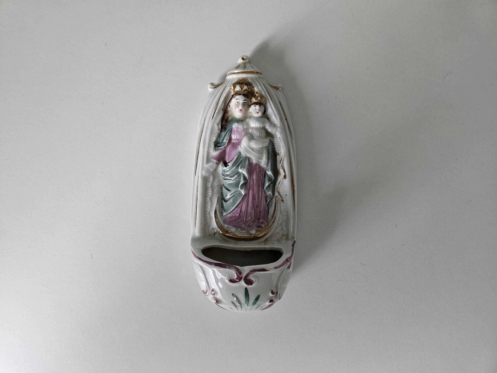 Antique Holy Water Font | Porcelain Wall Stoup | Virgin Mary And Child | Religious Home Decor