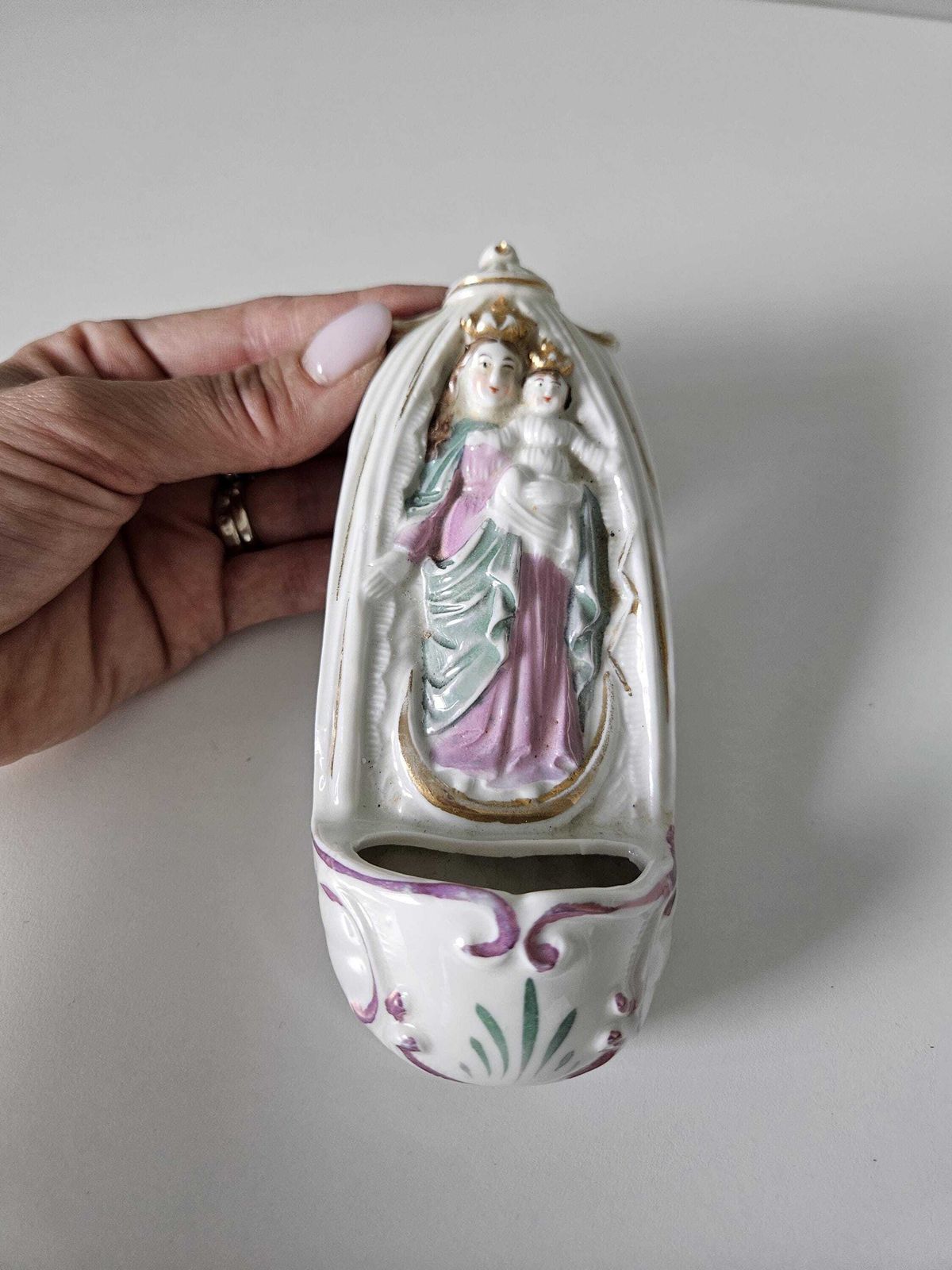 Antique Holy Water Font | Porcelain Wall Stoup | Virgin Mary And Child | Religious Home Decor photo furniture