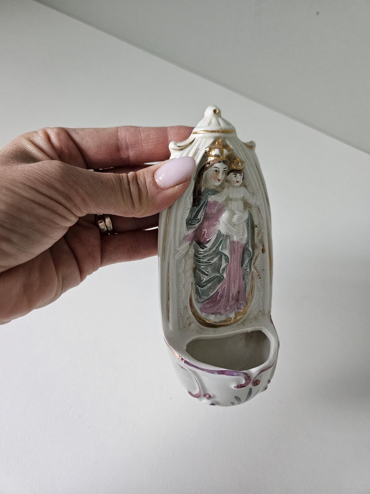 photo for sale Antique Holy Water Font | Porcelain Wall Stoup | Virgin Mary And Child | Religious Home Decor