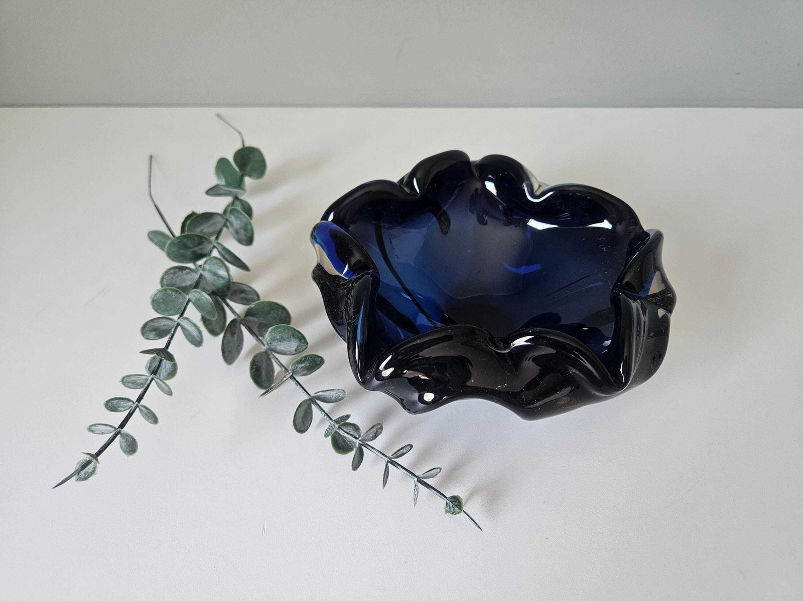 Handblown Blue Art Glass Ashtray: Mid Century Modern Murano Style Bowl