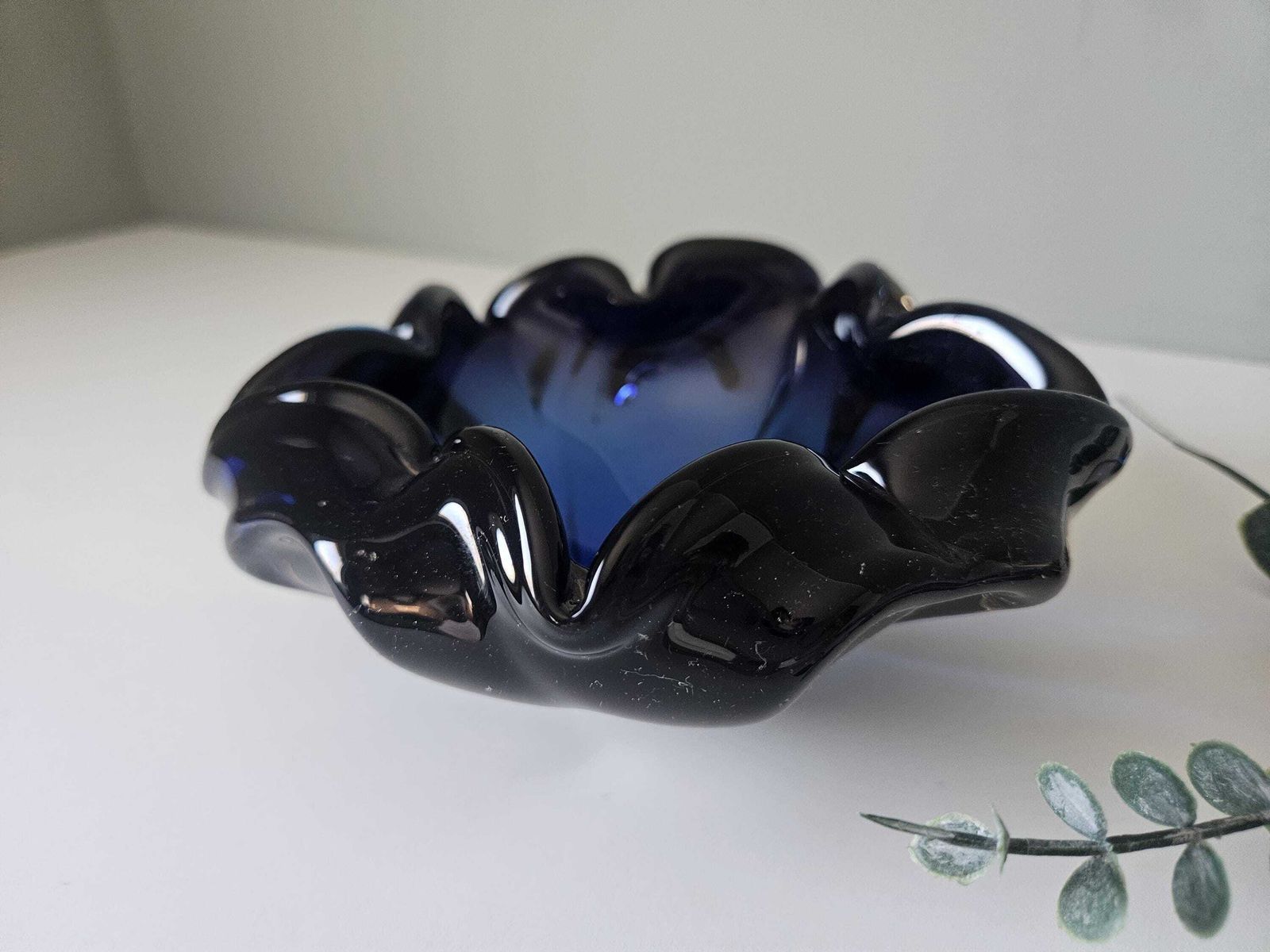 Handblown Blue Art Glass Ashtray: Mid Century Modern Murano Style Bowl photo furniture