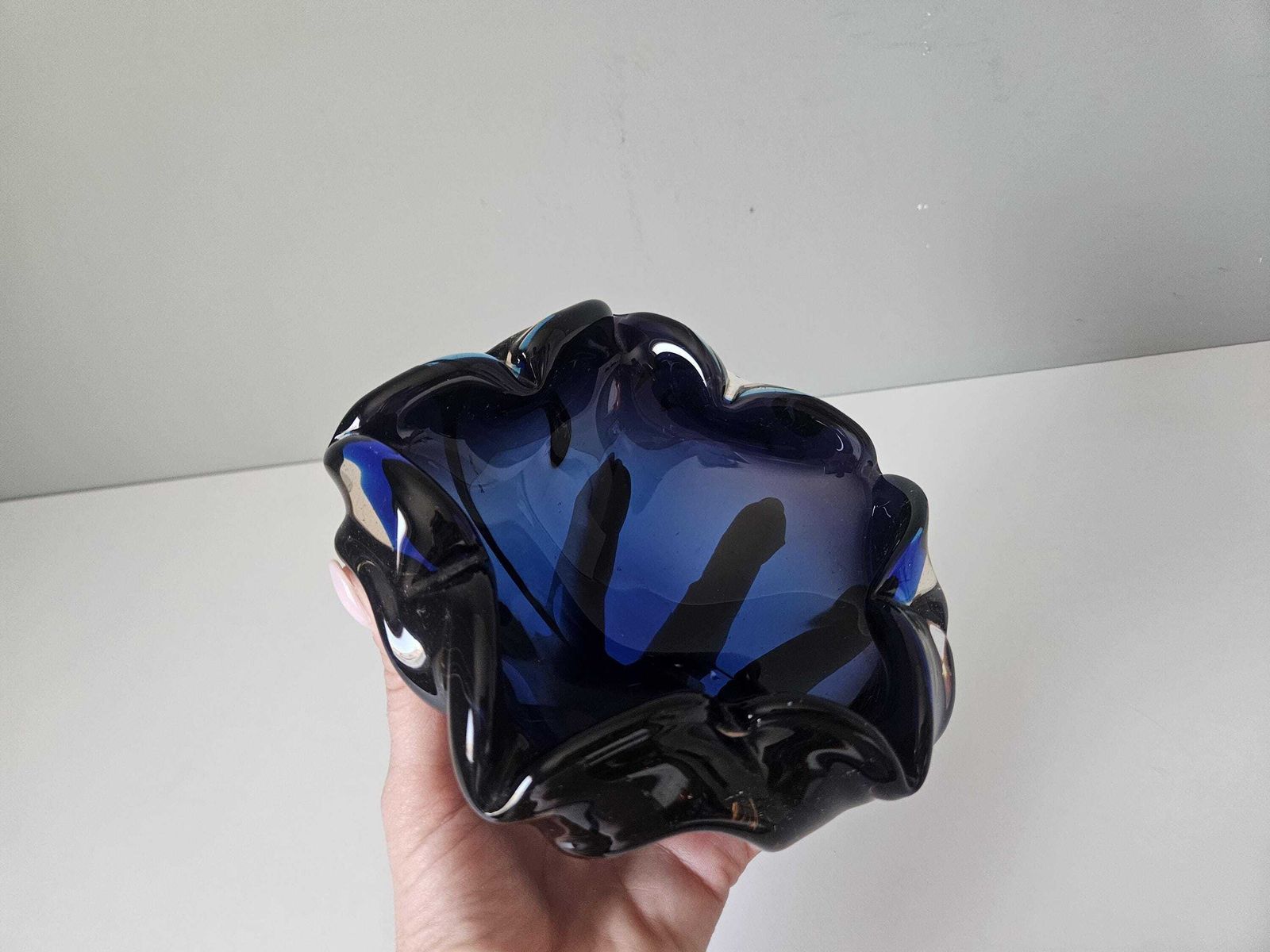 Handblown Blue Art Glass Ashtray: Mid Century Modern Murano Style Bowl photo 87.0