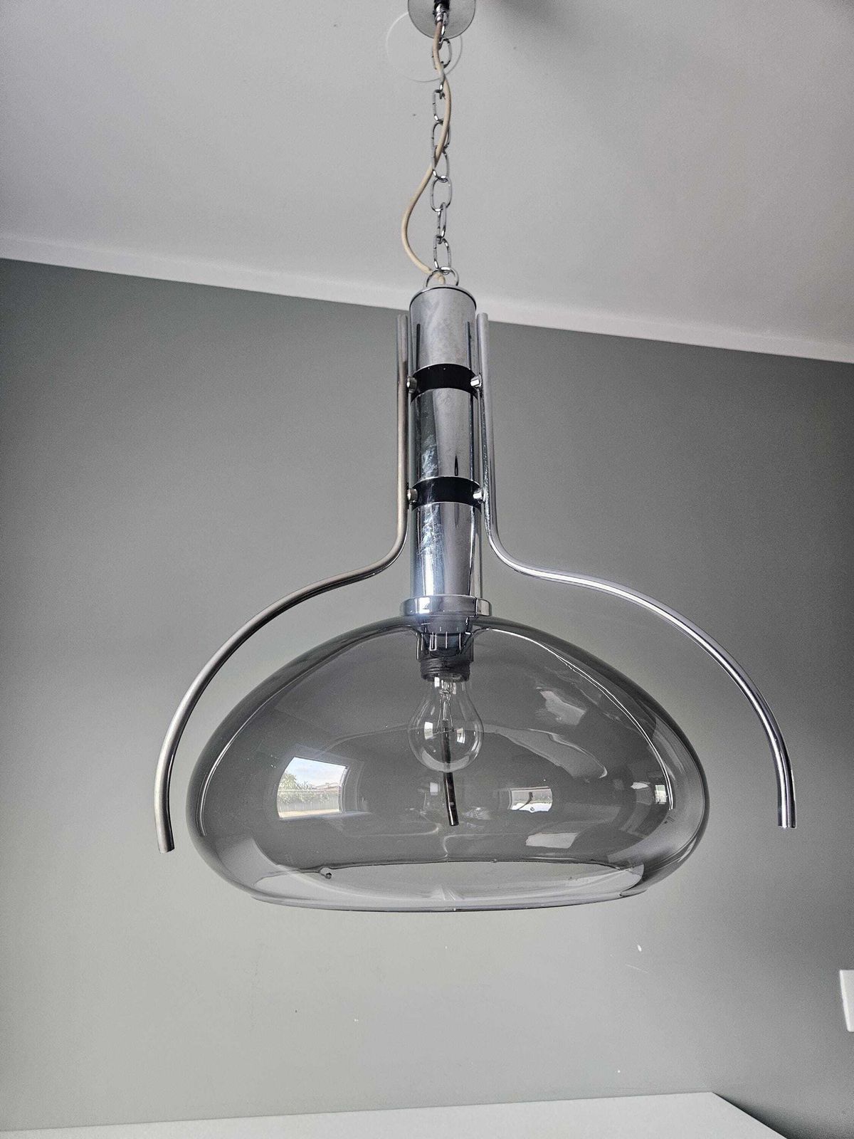 Mid Century Modern Smoked Glass Pendant Light Chrome Hanging Lamp photo furniture