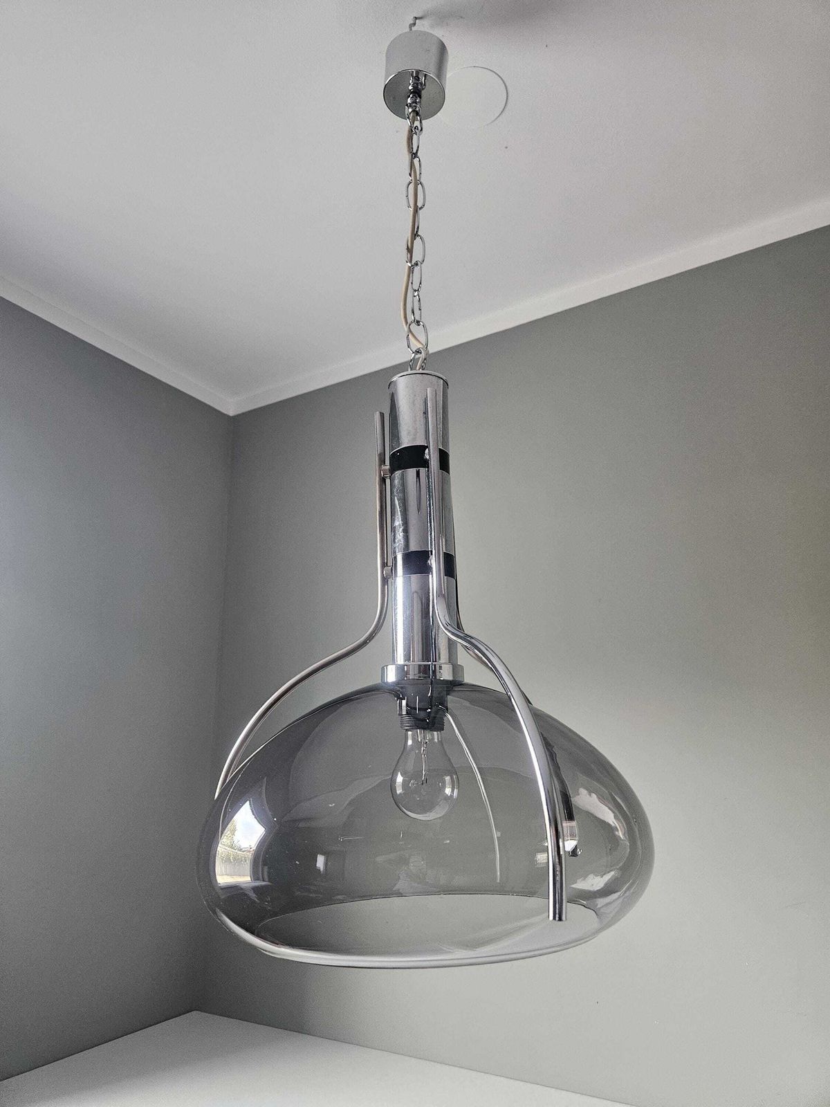 Mid Century Modern Smoked Glass Pendant Light Chrome Hanging Lamp photo for sale