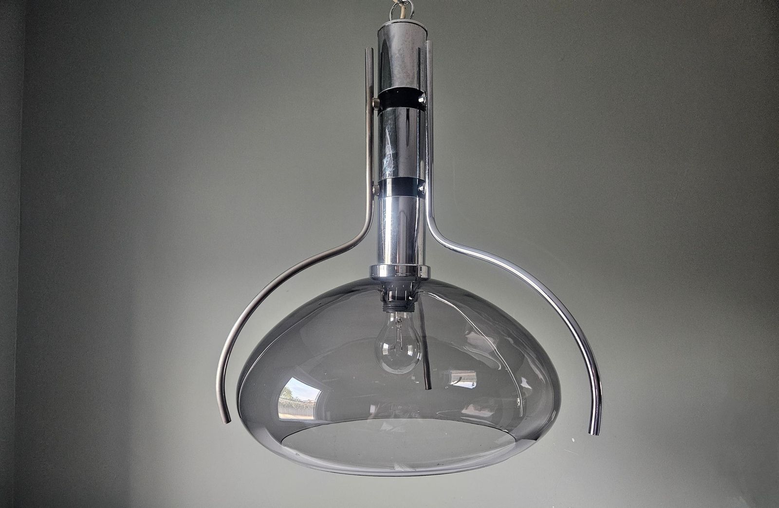 Mid Century Modern Smoked Glass Pendant Light Chrome Hanging Lamp photo vinterior