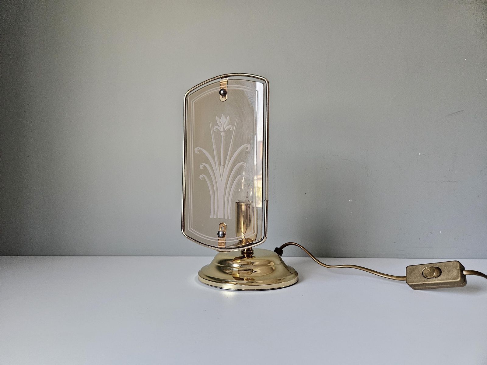 Vintage Brass Table Lamp: Etched Glass Shade, 80s Nightstand Light photo furniture