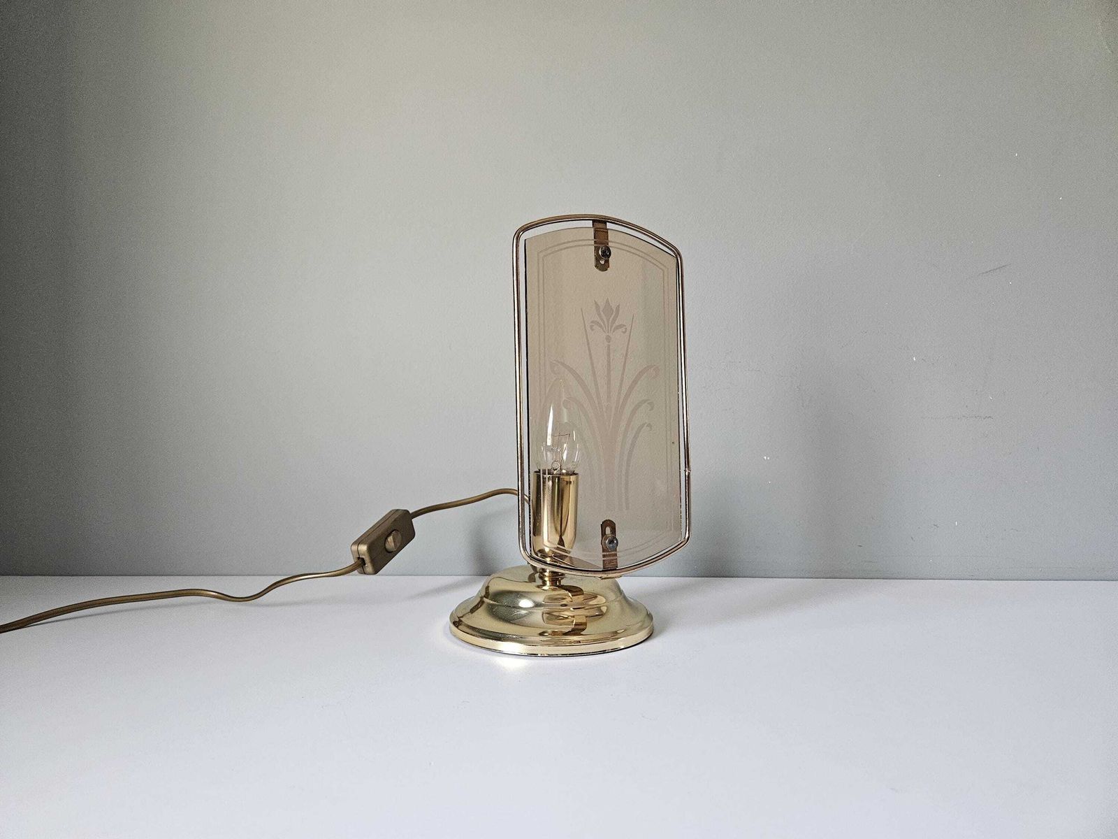 Vintage Brass Table Lamp: Etched Glass Shade, 80s Nightstand Light photo Lighting