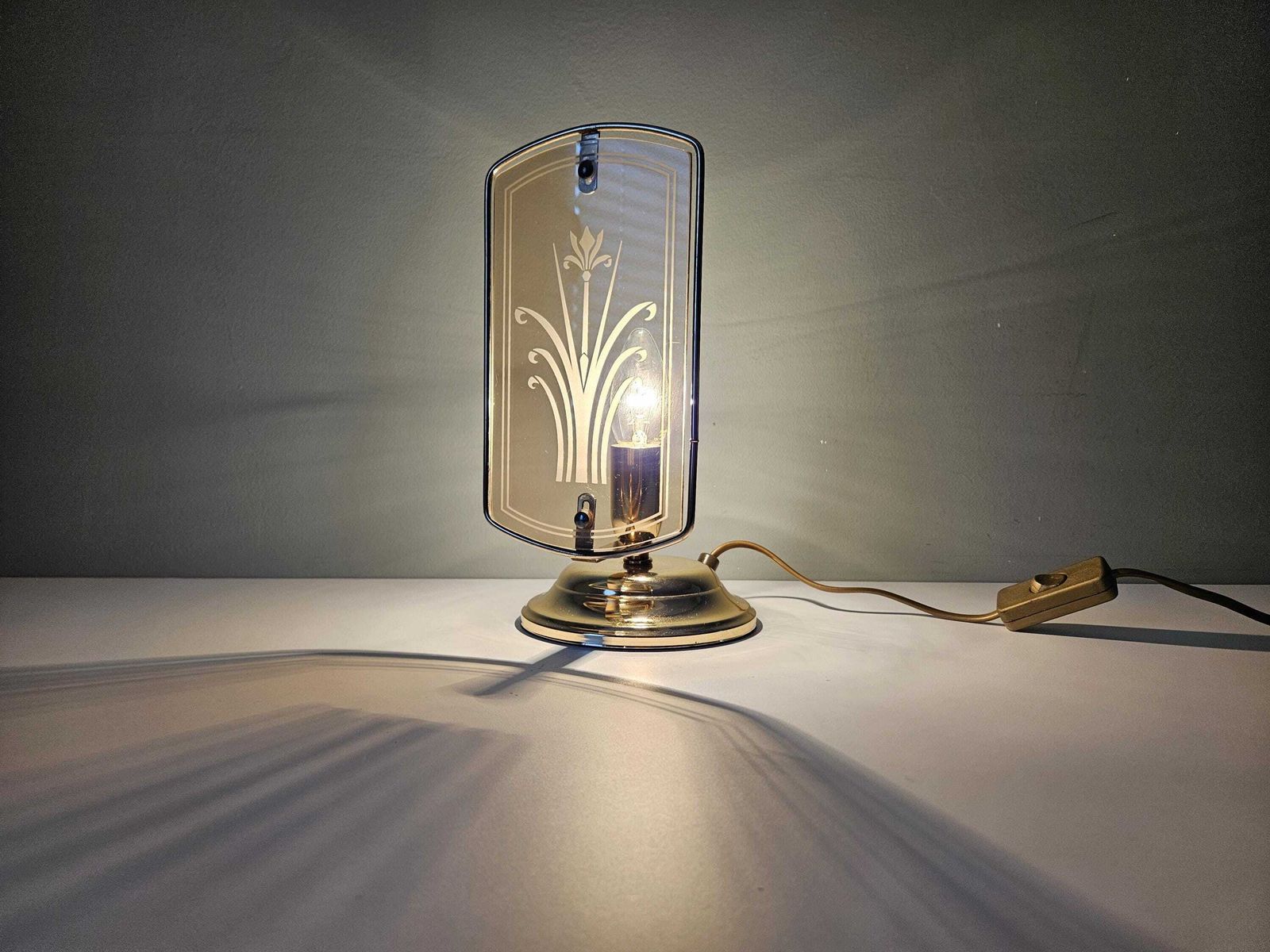 photo for sale Vintage Brass Table Lamp: Etched Glass Shade, 80s Nightstand Light