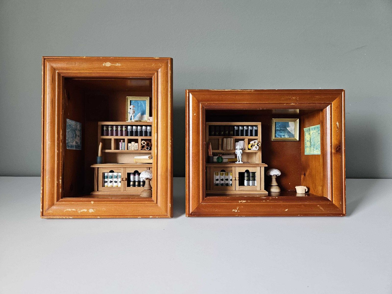 Vintage Miniature Room Dioramas: Framed Architect Studio & Library Shadow Box Art