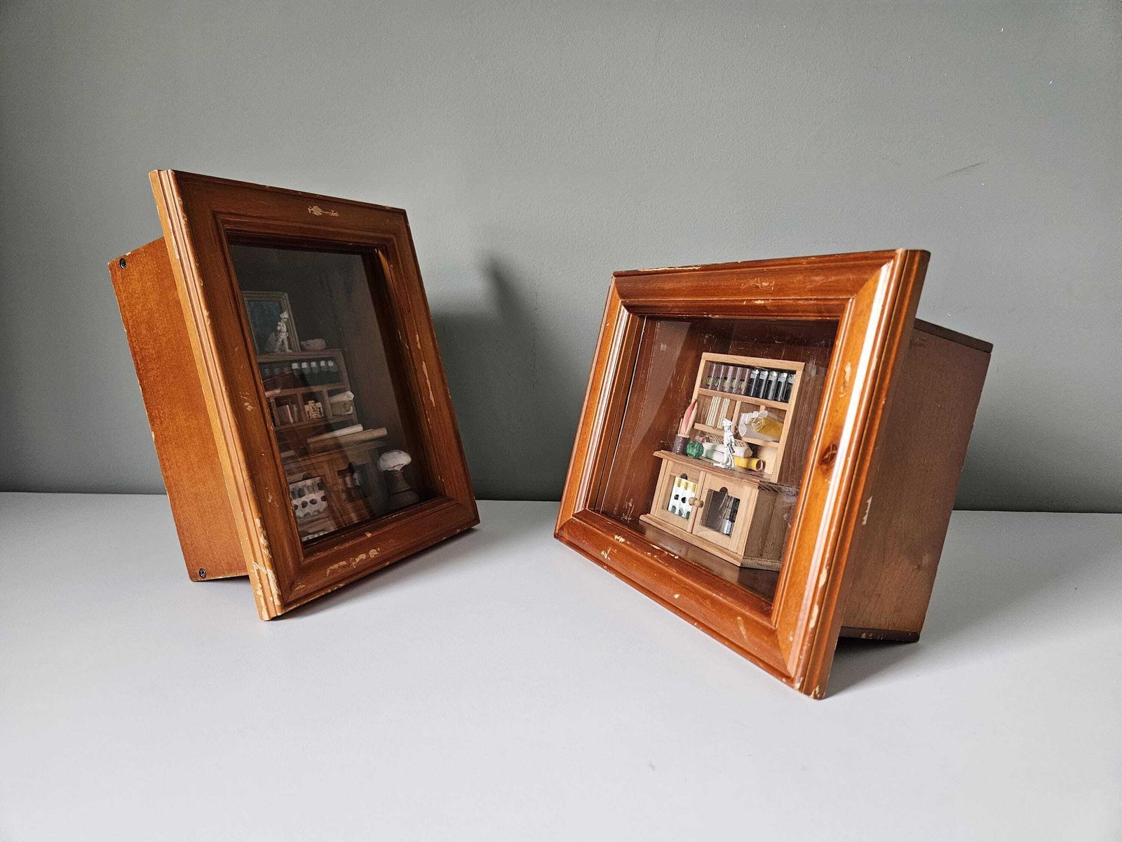 Vintage Miniature Room Dioramas: Framed Architect Studio & Library Shadow Box Art photo Art