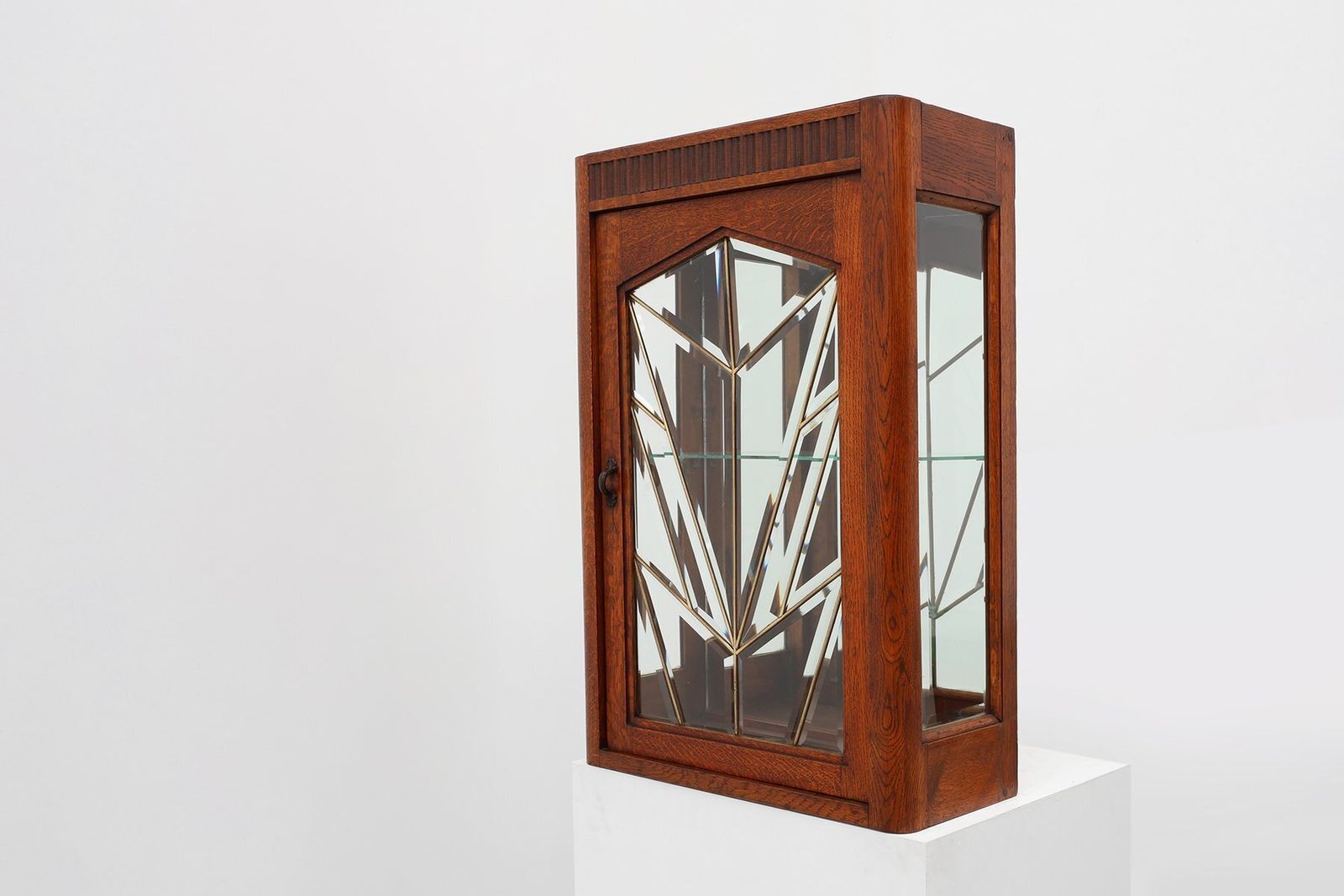 Art Deco French Oak Cabinet With Beveled Leaded Glass, 1920s photo vintage