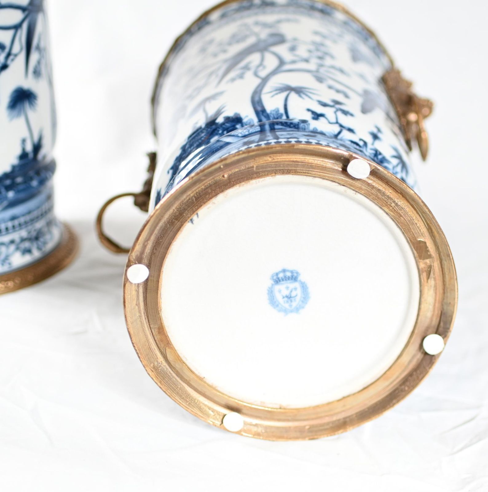 Blue And White Paris Porcelain Urns Gilt Planters Chinoiserie photo vintage