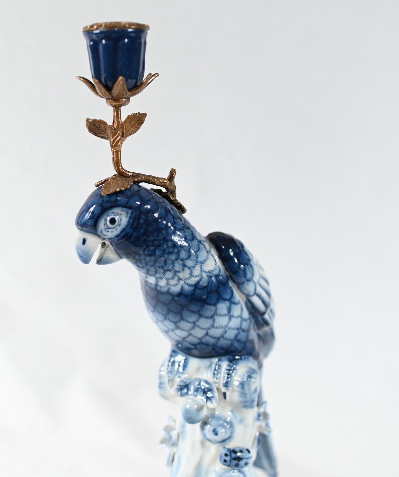 French Porcelain Parrot Candlesticks Blue And White Gilt Mounts photo vinterior